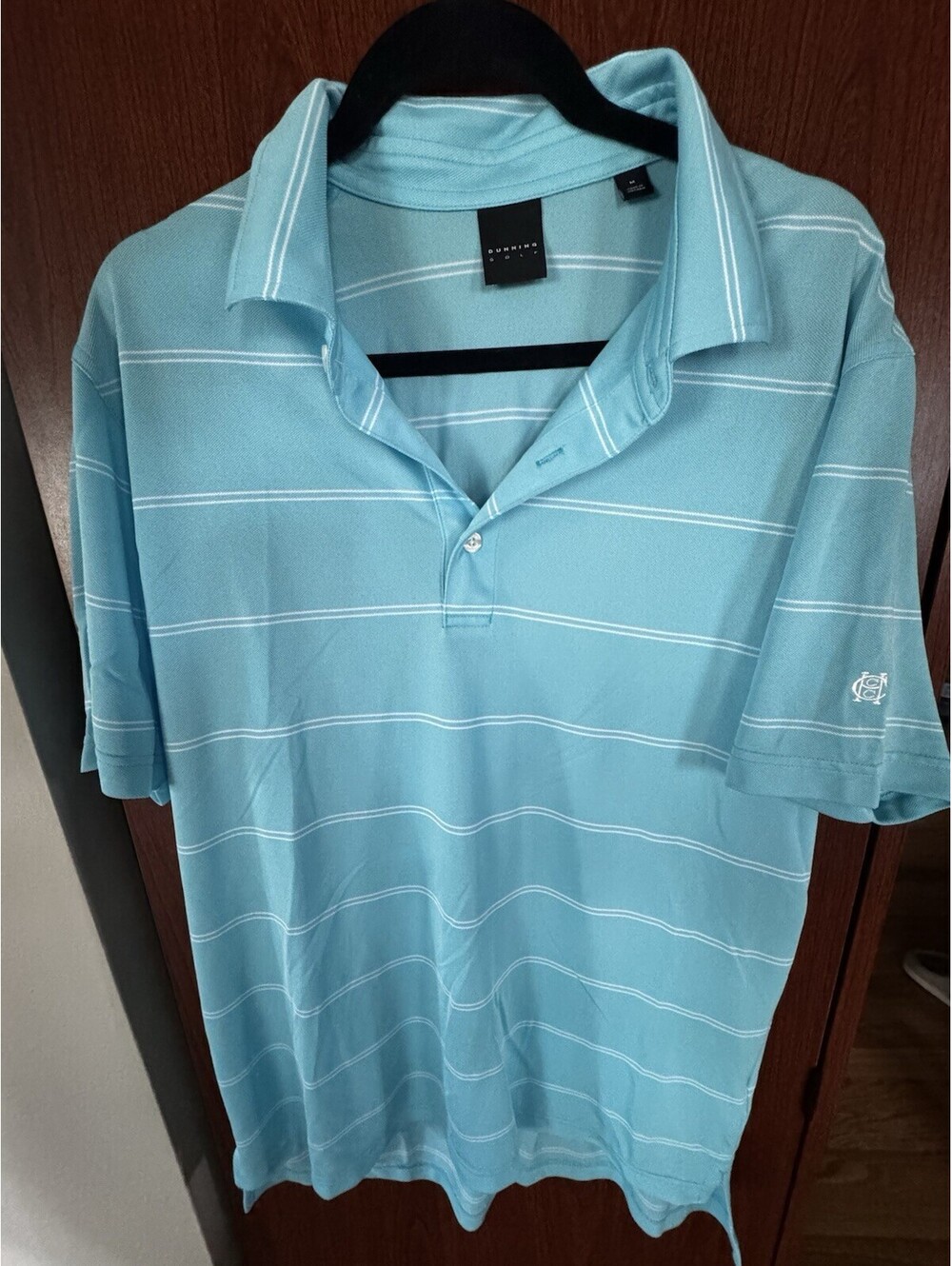Dunning Golf Polo Mens M Shirt Blue White Striped Short Sleeve Stretch Medium